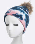 Tie Dyed Natural Natural Genuine Fur Pom Beanie