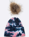 Tie Dyed Natural Natural Genuine Fur Pom Beanie