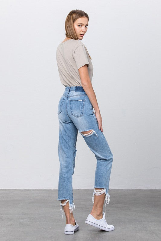 Denim Lab USA High Waist Ripped Frayed Hem Tapered Jeans