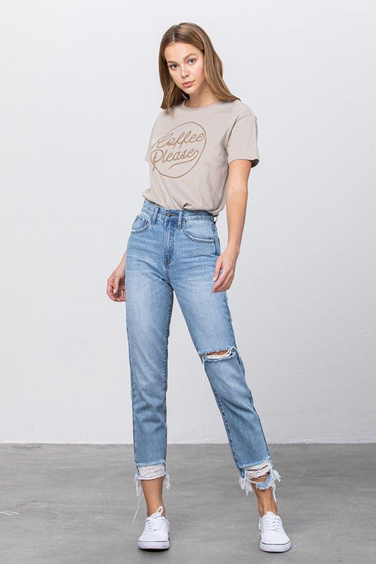 Denim Lab USA High Waist Ripped Frayed Hem Tapered Jeans