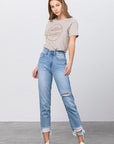 Denim Lab USA High Waist Ripped Frayed Hem Tapered Jeans