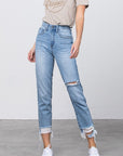 Denim Lab USA High Waist Ripped Frayed Hem Tapered Jeans