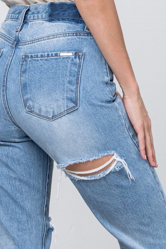 Denim Lab USA High Waist Ripped Frayed Hem Tapered Jeans