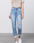 Denim Lab USA High Waist Ripped Frayed Hem Tapered Jeans