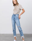 Denim Lab USA High Waist Ripped Frayed Hem Tapered Jeans