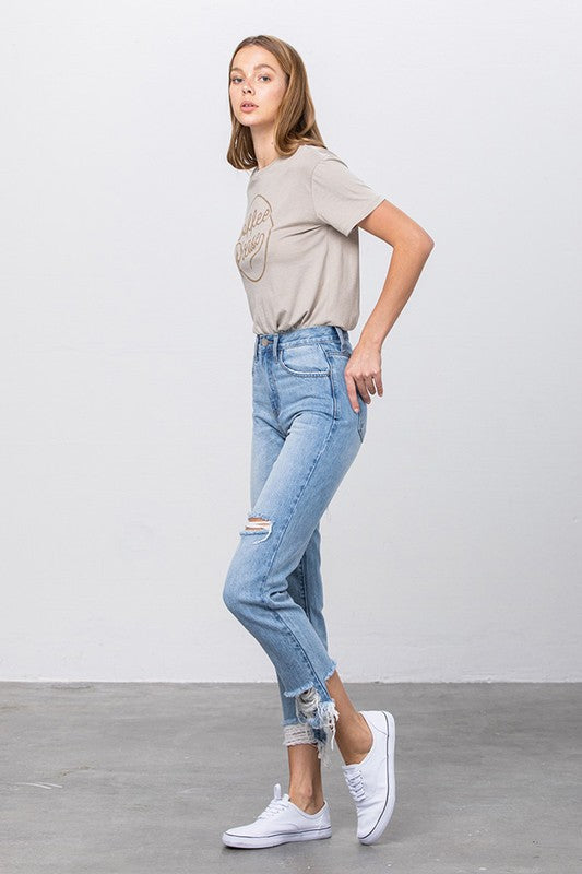 Denim Lab USA High Waist Ripped Frayed Hem Tapered Jeans