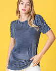 Plus Stripe Puff Ruched Sleeve Top