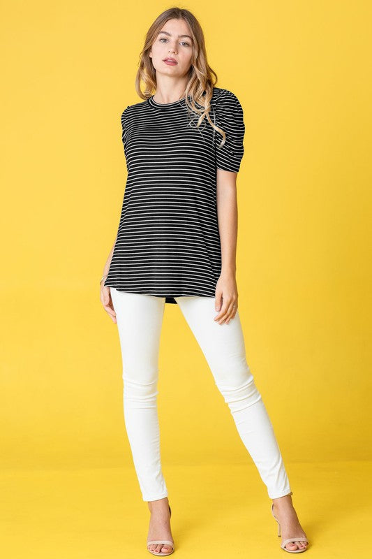 Plus Stripe Puff Ruched Sleeve Top