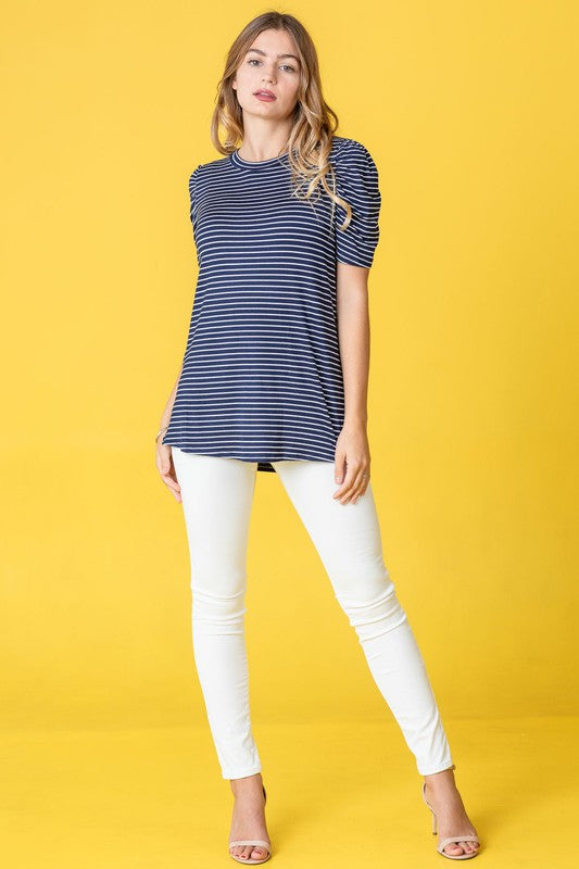 Plus Stripe Puff Ruched Sleeve Top