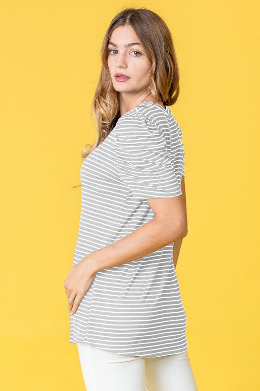 Stripe Puff Ruched Sleeve Top