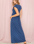 Polka Dot Folded Cap Sleeve Maxi Dress