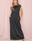 Polka Dot Folded Cap Sleeve Maxi Dress