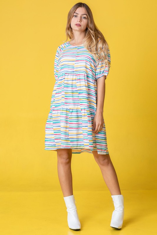 PLUS Multi Color Stripe Tiered Dress