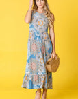 PLUS Sleeveless Print Ruffled Hem Tea-Length Dress