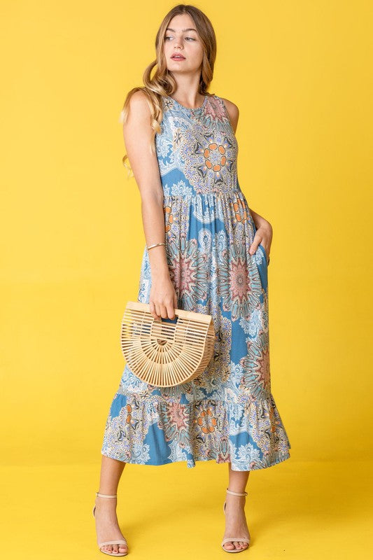 PLUS Sleeveless Print Ruffled Hem Tea-Length Dress