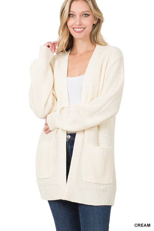 Zenana Low Gauge Waffle Open Cardigan Sweater - Online Only