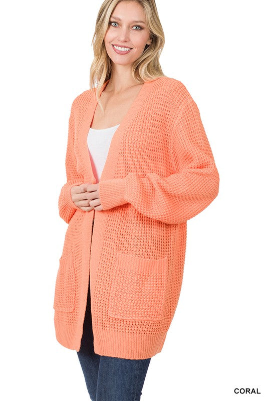 Zenana Low Gauge Waffle Open Cardigan Sweater - Online Only