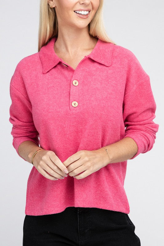 Zenana Brushed Melange Hacci Collared Sweater