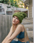 Oversized Chunky Knit Pom Beanie in Olive