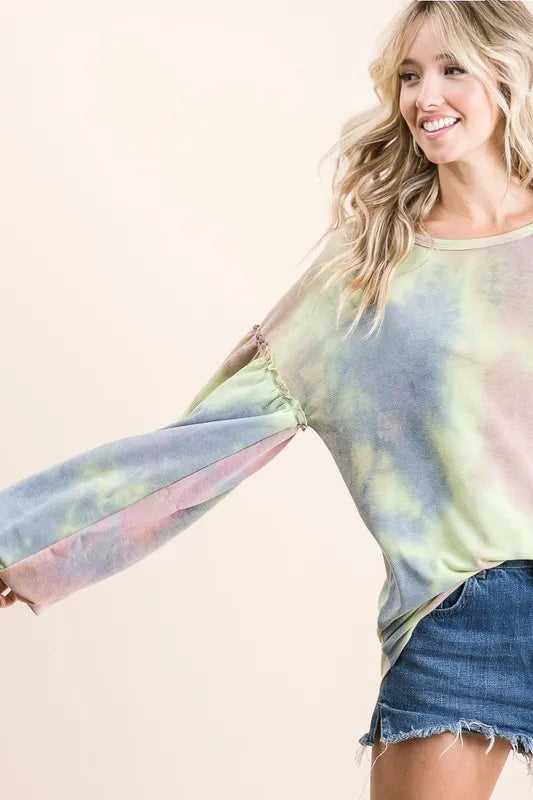 BiBi Tie Dye French Terry Sweatshirt With Bubble Sleeves