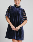 Umgee Dotted Lace Half Sleeve Mock Neck Back Tie Velvet Dress