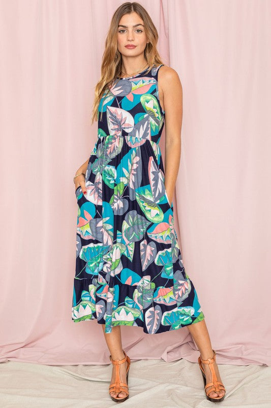 PLUS Sleeveless Print Ruffled Hem Tea-Length Dress