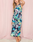 PLUS Sleeveless Print Ruffled Hem Tea-Length Dress