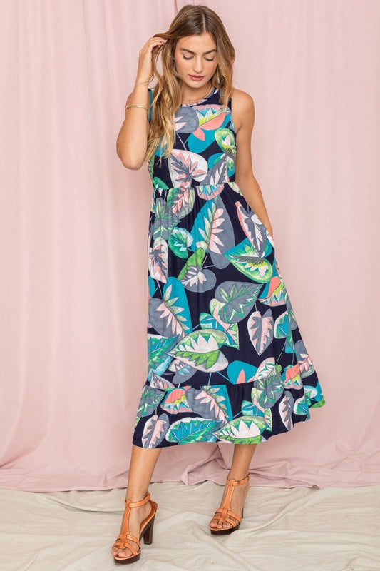 PLUS Sleeveless Print Ruffled Hem Tea-Length Dress