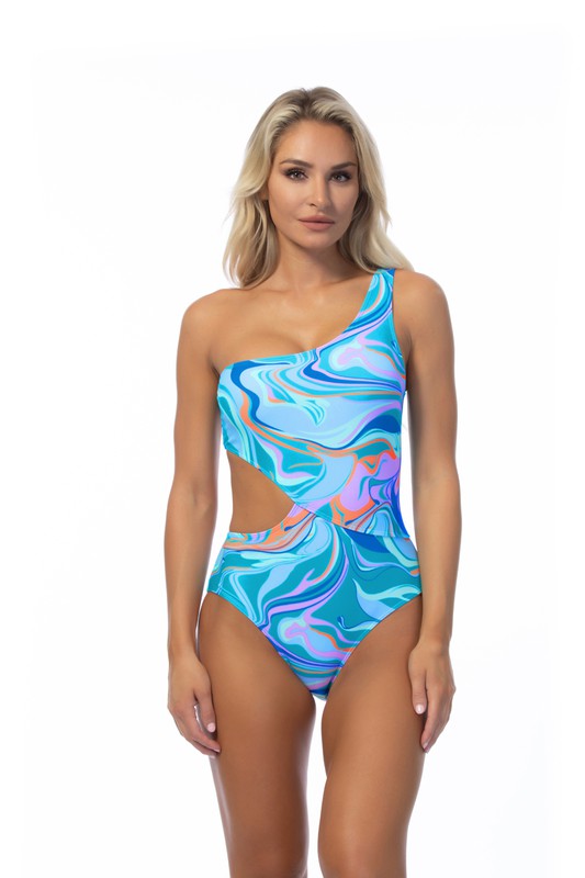 Wave Printed One Shoulder One-Piece Swimsuit