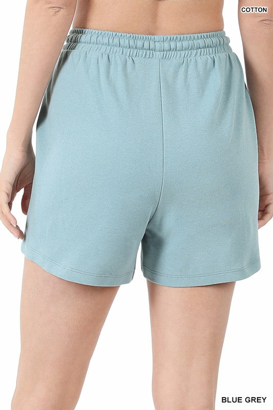 Zenana Cotton Drawstring Shorts in Ash Blue