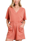 Zenana Plus Drop Shoulder V-Neck Romper - My Pampered Life Seattle