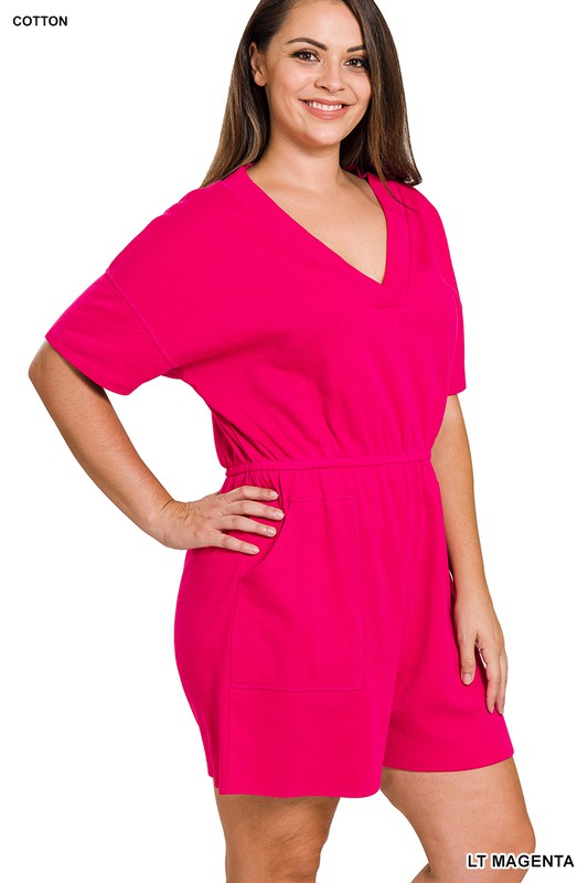 Zenana Plus Drop Shoulder V-Neck Romper - Online Only