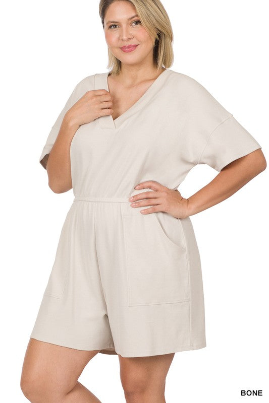 Zenana Plus Drop Shoulder V-Neck Romper - Online Only