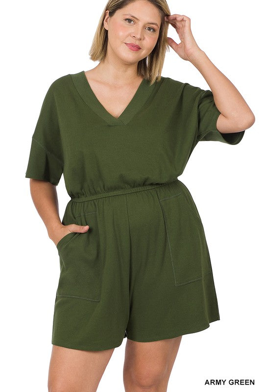 Zenana Plus Drop Shoulder V-Neck Romper - Online Only