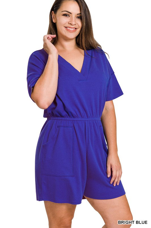 Zenana Plus Drop Shoulder V-Neck Romper - Online Only