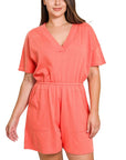 Zenana Plus Drop Shoulder V-Neck Romper - Online Only