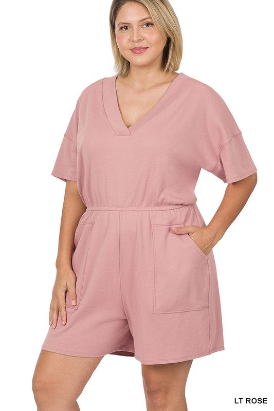 Zenana Plus Drop Shoulder V-Neck Romper - Online Only