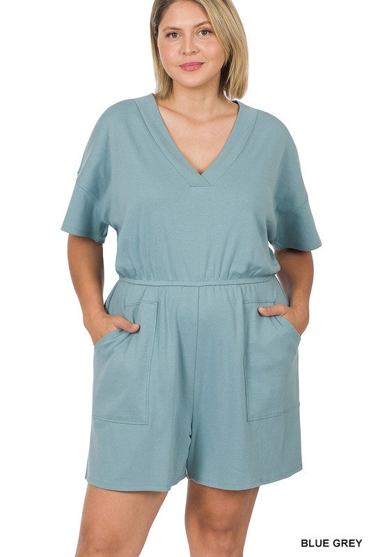 Zenana Plus Drop Shoulder V-Neck Romper