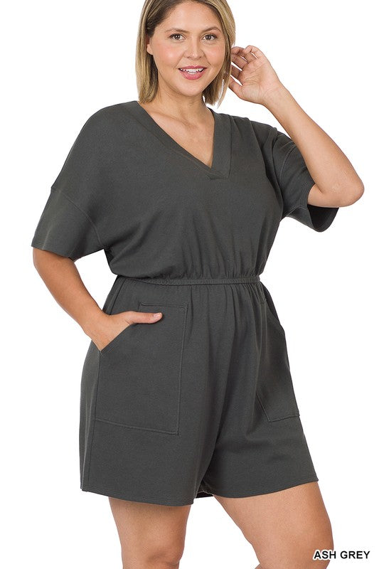 Zenana Plus Drop Shoulder V-Neck Romper