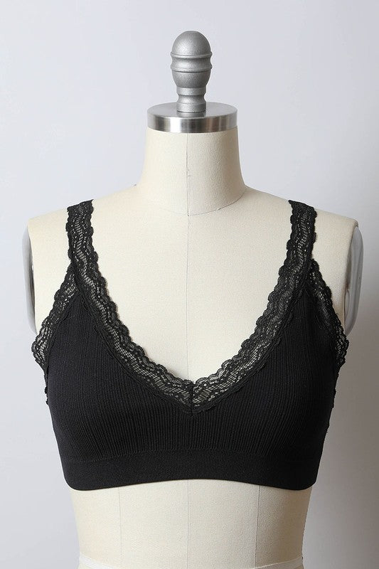 Leto Accessories Lace Trim Padded Bralette