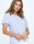 Renee C. Round neck Puff Sleeve Top with Embroidery