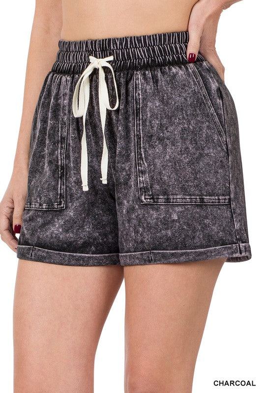 Zenana Mineral Wash Drawstring Cuffed Shorts - Online Only