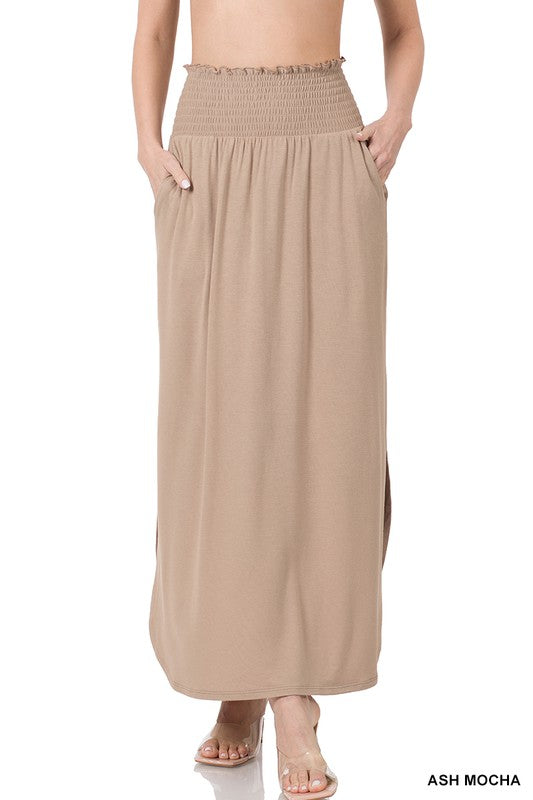 Zenana Smocked Waist Maxi Skirt With Pockets - Online Only