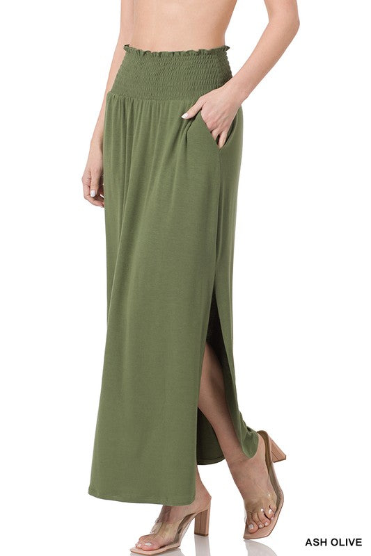 Zenana Smocked Waist Maxi Skirt With Pockets - Online Only