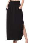 Zenana Smocked Waist Maxi Skirt With Pockets - Online Only