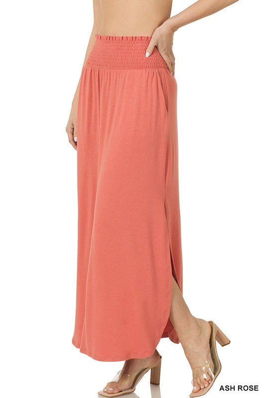 Zenana Smocked Waist Maxi Skirt With Pockets - Online Only