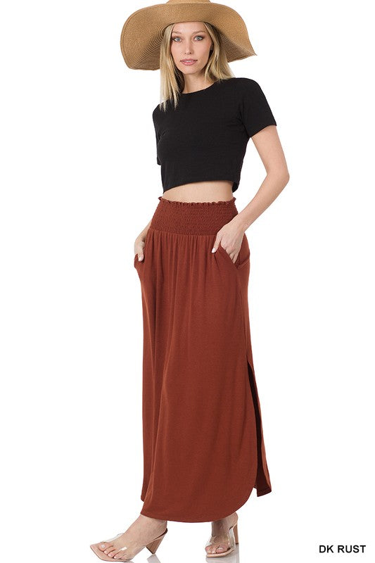 Zenana Smocked Waist Maxi Skirt With Pockets - Online Only