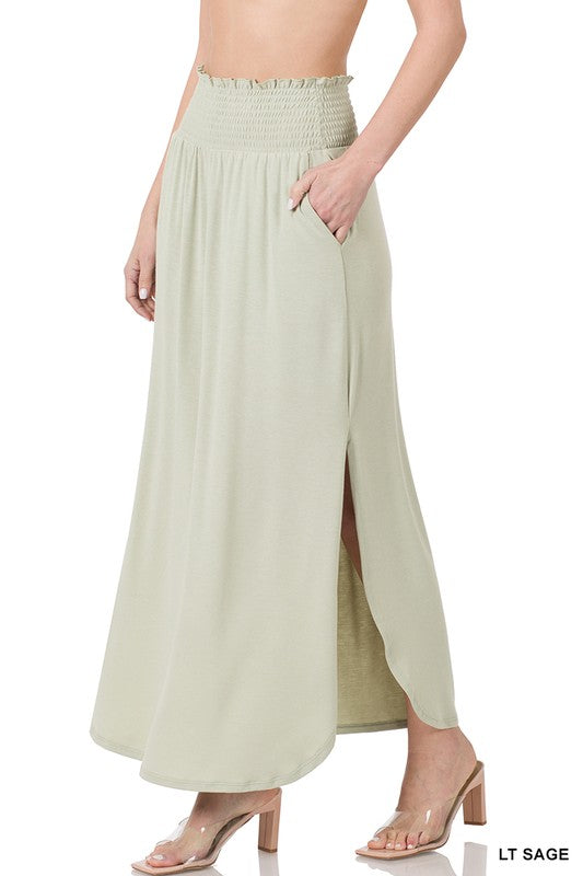 Zenana Smocked Waist Maxi Skirt With Pockets - Online Only