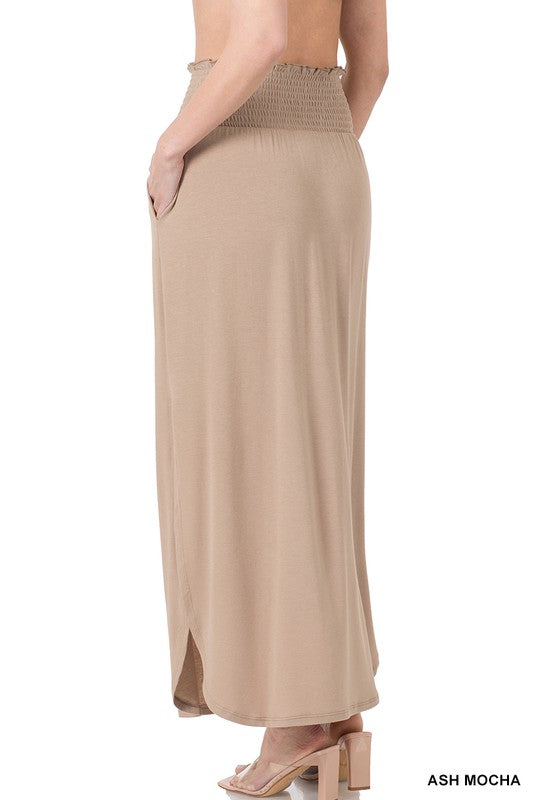 Zenana Smocked Waist Maxi Skirt With Pockets - Online Only