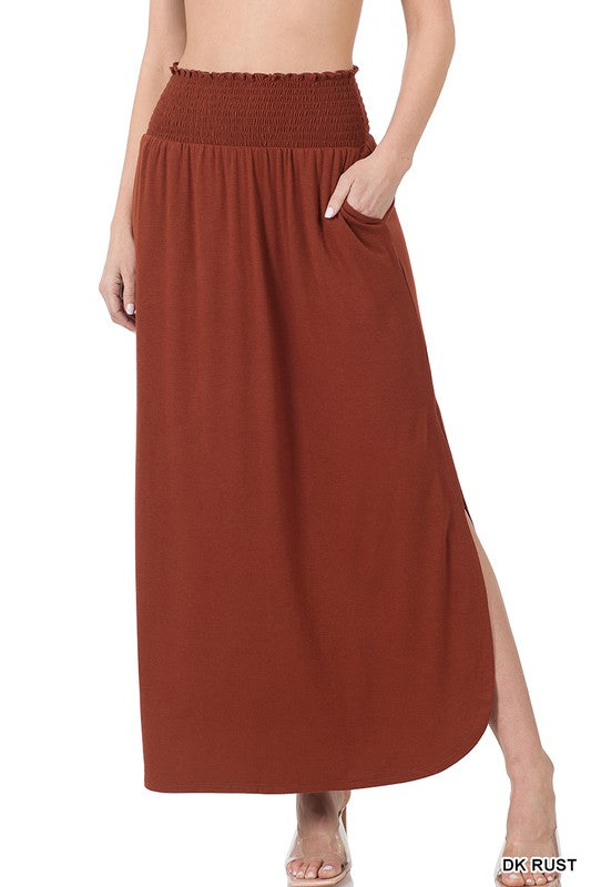 Zenana Smocked Waist Maxi Skirt With Pockets - Online Only